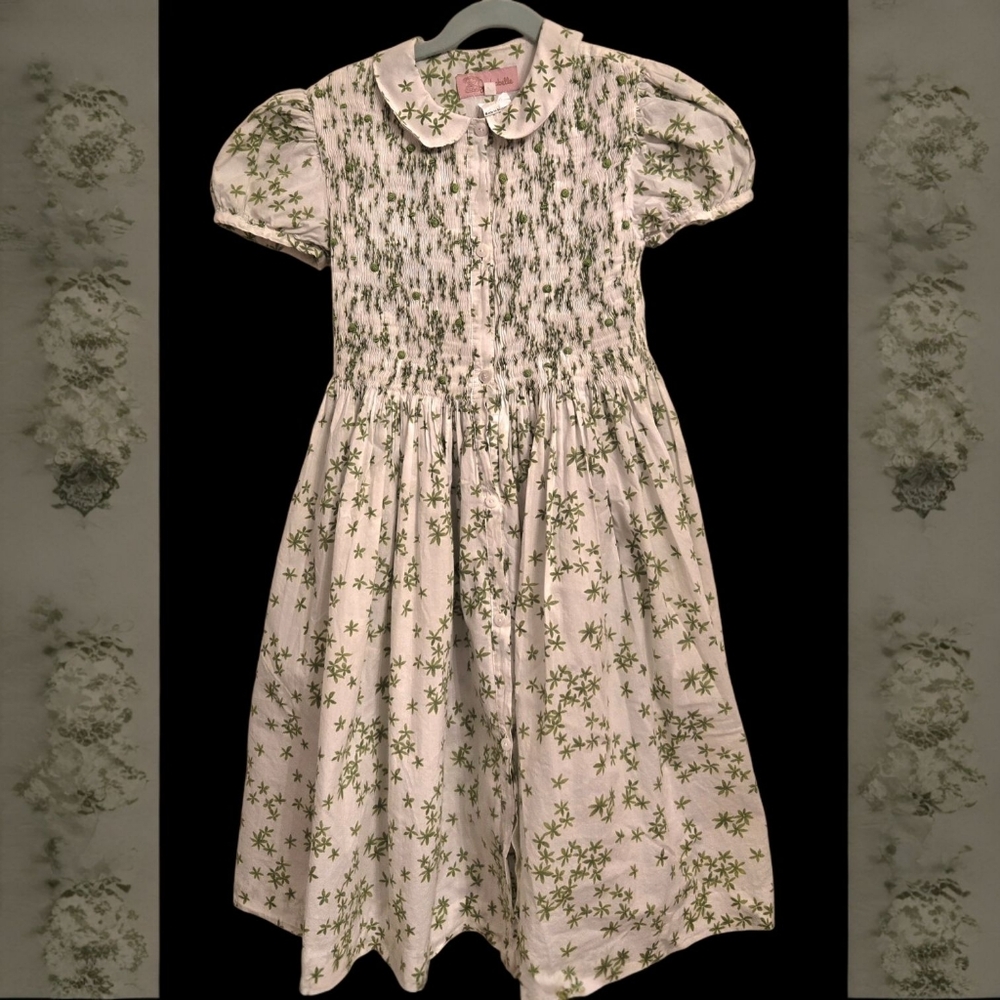 Jackabelle Girls Smocked Green And White Floral Dress Size 12 T